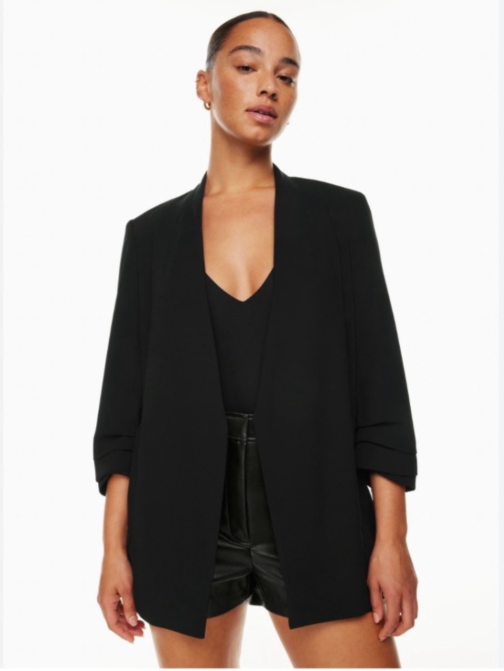 Aritzia Babaton 90s Power Hip Long Black Blazer Size 10 Ruched Sleeve Drapey
